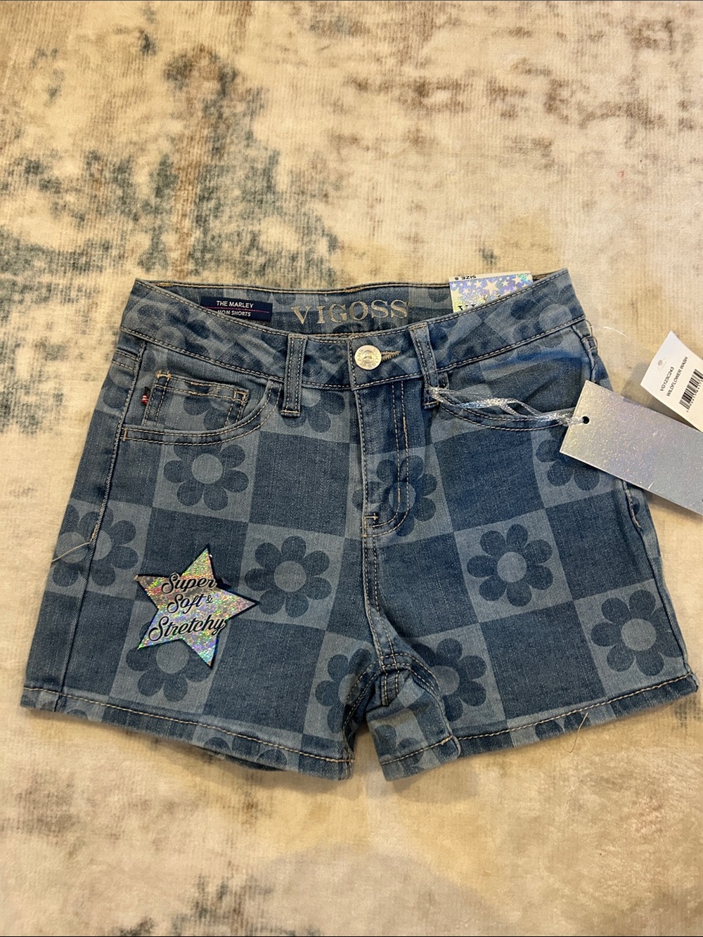 Vigoss Blue Floral Check Stretch Denim Shorts with Holographic Star